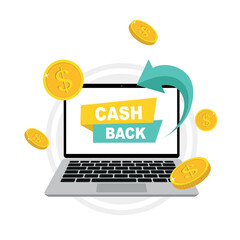 Cash back, money saving vector concept with dollar coins and arrows. Bonus program reward. Online shopping, cash back sale offer emblem, cash back service. Money cashback poster with gold dollar coins