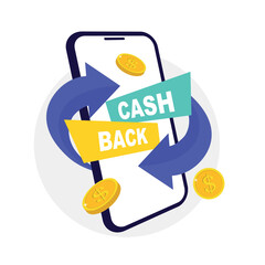 Cash back, money saving vector concept with dollar coins and arrows. Bonus program reward. Online shopping, cash back sale offer emblem, cash back service. Money cashback poster with gold dollar coins