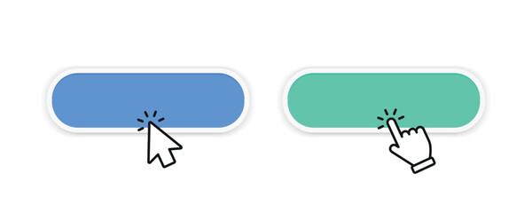 Click here button with hand or mouse cursor. Click blank button with hand pointer clicking icon. Click button. Computer mouse cursor or hand pointer symbol. Set for button website design