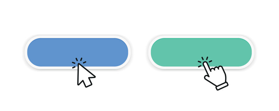 Click here button with hand or mouse cursor. Click blank button with hand pointer clicking icon. Click button. Computer mouse cursor or hand pointer symbol. Set for button website design