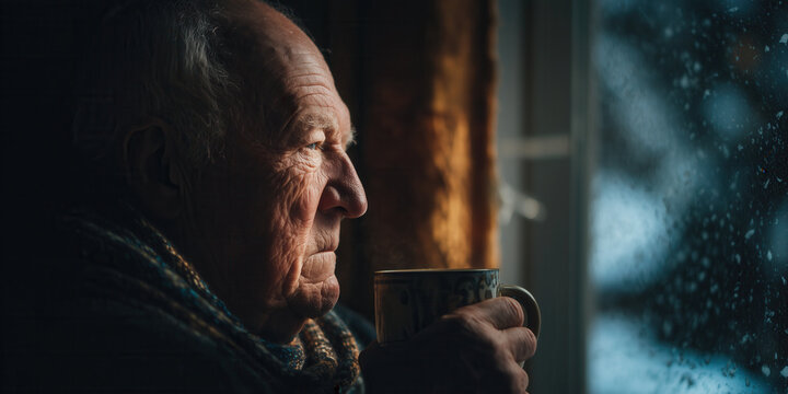 Lonely elderly man with glasses holds tea mug gazing at snowy window in dim room. Melancholic winter solitude, reflective quiet holiday eve vibe. - Powered by Adobe