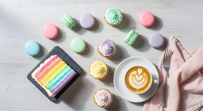 Enjoy vibrant rainbow cake with colorful macarons and creamy latte art for a delightful morning treat or charming dessert display, ideal for cafes and bakeries
