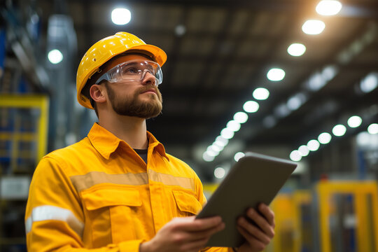 Worker in safety gear checks data on tablet in warehouse setting