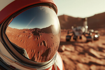 Astronaut exploring Martian landscape with rover in background