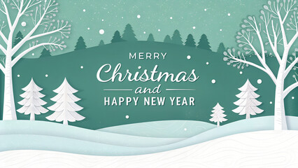 Horizontal green Merry Christmas and Happy New Year greeting card header banner in paper art style with snowy winter landscape snow covered trees for holiday message and festive .