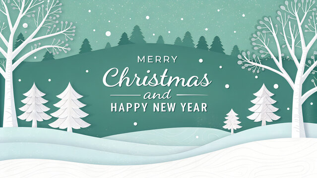Horizontal green Merry Christmas and Happy New Year greeting card header banner in paper art style with snowy winter landscape snow covered trees for holiday message and festive .