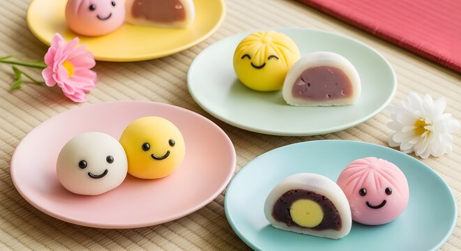 Delightful handmade Japanese mochi desserts on pastel plates, enjoy sweet treats with adorable smiley faces perfect for food blogs and whimsical foodie projects