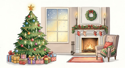 Christmas scene with decorated tree and fireplace showcases festive warmth. Christmas scene features gifts and lit fireplace, enhancing cozy seasonal feel.