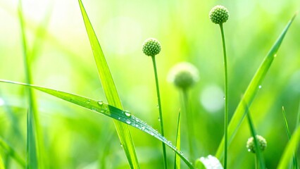 Macro View of Vibrant Green Grass and Seed Pods with Dew Drops and Bright Sunlight