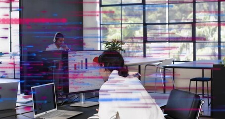 Woman entering office typing reviewing finance chart while man wearing headset glitch lines passing - Powered by Adobe