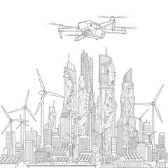 A futuristic greenery-clad megacity with wind turbines and a drone hovering above cityscape skyline