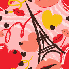Vector seamless pattern with hearts, kiss, Eiffel tower. Watercolor romantic background for textile print, paper design
