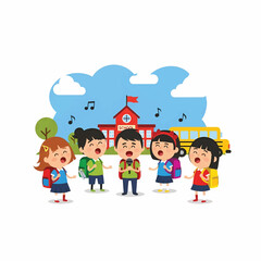 A joyful group of students singing in front of a red school with a yellow bus under bright blue sky