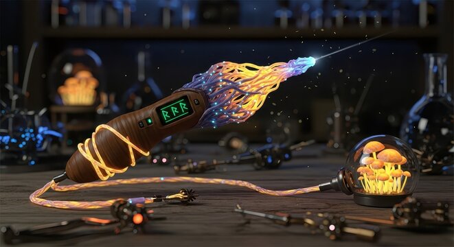 Futuristic mystical apparatus utilizes glowing fibers connected to a terrarium containing bioluminescent fungi