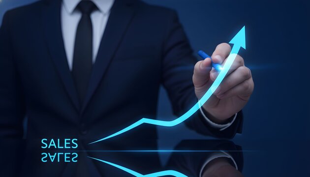 A businessman in a suit drawing a glowing blue upward trend graph with an arrow, indicating sales growth and success.