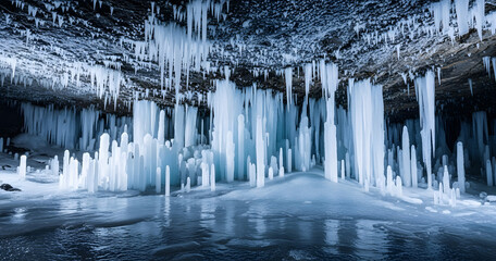 Majestic natural ice formations hang like frozen icicles from a cave ceiling creating a breathtaking winter wonderland scene