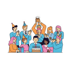 A lively birthday party with a layered cake, candles, and friends cheering in party hats, and happy!