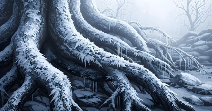 Majestic ancient tree roots covered in frost and icicles create a breathtaking winter scene in a misty forest landscape