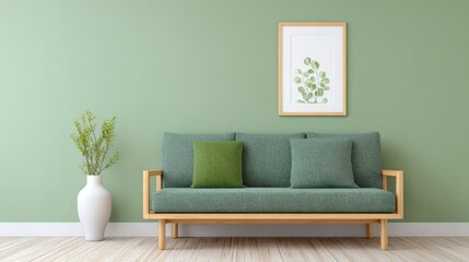 Naklejka premium A Cozy Living Room Featuring a Comfortable Green Sofa Against a Soft Green Wall, Complete with Decorative Artwork and a Vase of Fresh Greenery