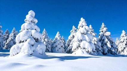 Bright Winter Landscape with Snow Covered Evergreen Trees and Clear Blue Sky