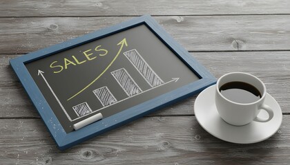 A chalkboard displaying a rising sales graph with an upward arrow, next to a cup of coffee on a wooden table.