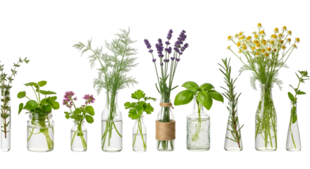 Assortment of Fresh Herbs and Flowers in Glass Vases