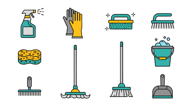 Collection of cleaning supplies and tools for household chores, including sprays, sponges, mops, and buckets
