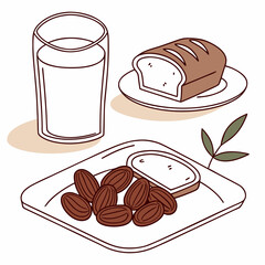 Illustration of a Nutritious Breakfast with Dates Bread and Milk.