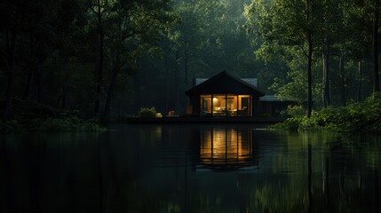 A tranquil lakeside retreat captured at twilight, featuring a beautifully lit cabin that reflects on the water, invoking a sense of peace and harmony with nature.
