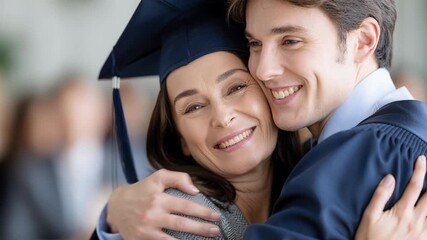 A proud mother in a graduation cap embraces her son, both smiling joyfully during a graduation ceremony.