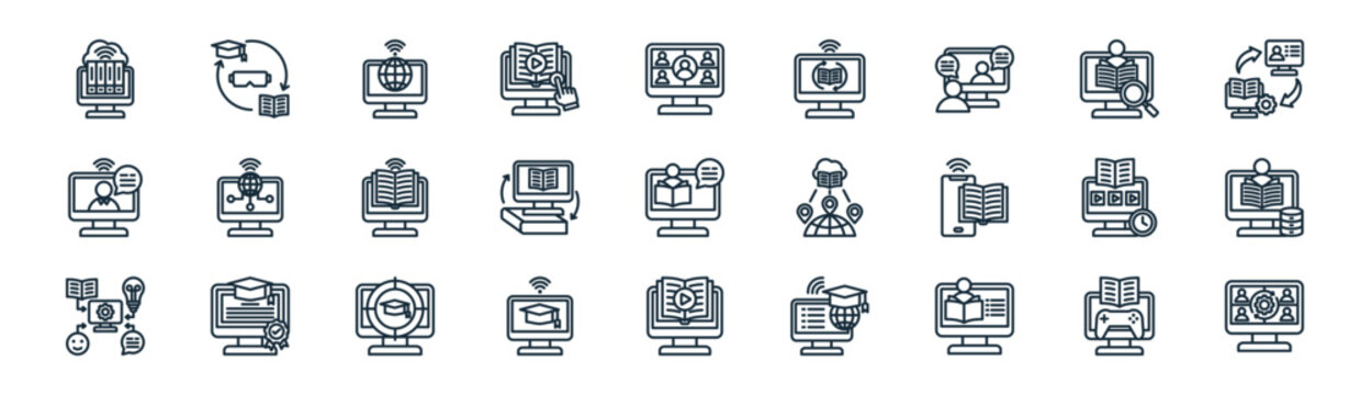 linear online learning icon pack. vector thin line icons collection such as gamification, immersive, website, analysis, blended learning, online learning, audio book, virtual education