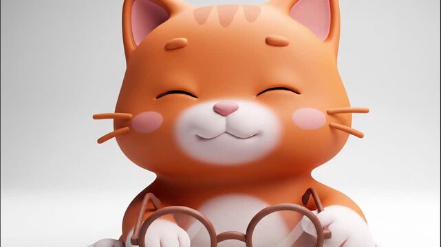 3D animation of an orange cat with round glasses reading a book and expressing curiosity against a minimalist white background with a cute and stylized design. 3D Cat with Glasses Reading a Book in a 