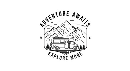 Adventure awaits explore more illustration rv camper mountains travel logo