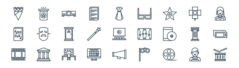 linear theatre icon pack. vector thin line icons collection such as avatar, magic hat, projector, spotlight, magic wand, ticket, megaphone, drum © Icon World