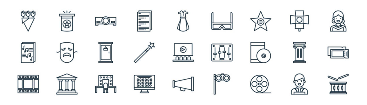 linear theatre icon pack. vector thin line icons collection such as avatar, magic hat, projector, spotlight, magic wand, ticket, megaphone, drum