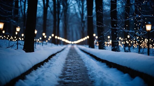 A snowy path under bright stars and moonlight