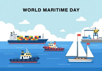 World maritime day with cargo ship, tugboat, sailboat, and crane on the sea under blue sky and white clouds, celebrating international shipping