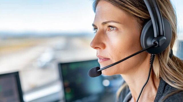 A focused female air traffic controller wearing a professional headset in an airport control tower.