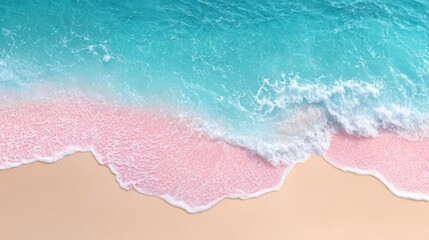 A Serene Coastal View Featuring Turquoise Ocean Waves Gently Lapping Against a Soft Pink Sandy Shoreline Bathed in Vibrant Natural Light