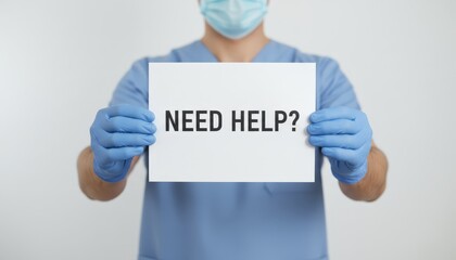 Medical worker wearing blue scrubs, a surgical face mask, and protective gloves is holding a white sign with the question need help indicating support and assistance for healthcare needs