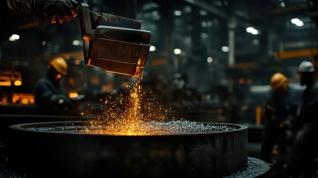 A stunning industrial scene depicting molten metal being poured into a mold, showcasing the intricate process of metalworking and manufacturing expertise.