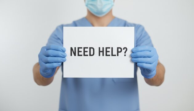 Medical worker wearing blue scrubs, a surgical face mask, and protective gloves is holding a white sign with the question need help indicating support and assistance for healthcare needs