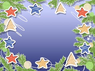 New Year's frame made of fir branches with stars and balls.