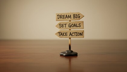 Wooden signpost with motivational phrases on a reflective wooden surface, inspiring action.