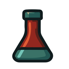 A scientific flask filled with red fluid for laboratory use.

