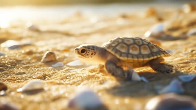 Tiny sea turtle crawling on sandy beach towards sunlight