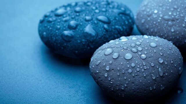 Smooth spa stones covered with fresh water droplets in calming blue tone lighting, serene wellness concept highlighting relaxation and purity, detailed close up creating premium zen aesthetic for mass