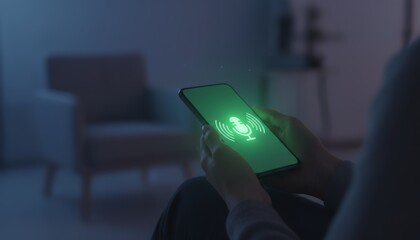 Person holding smartphone in dim living room showing glowing green microphone icon with sound waves, activating voice assistant for hands free smart home control and search