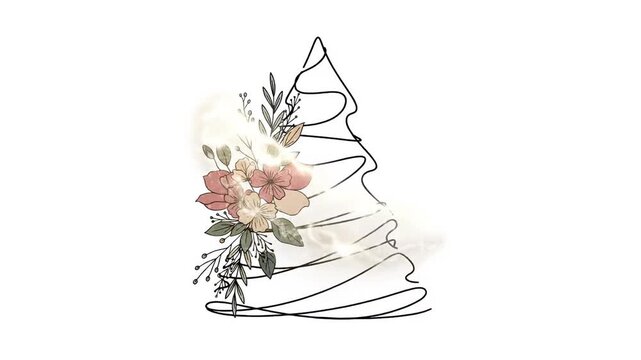 Artistic wireframe Christmas tree adorned with floral elements  