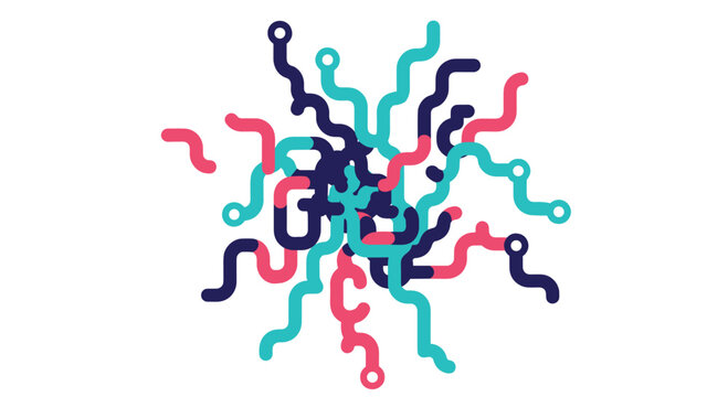 Abstract vector graphic with tangled colorful rounded lines creating a complex network or metro map on a white background.